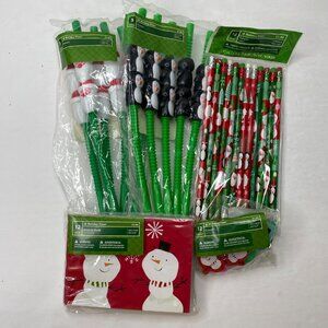 Holiday Time Christmas Party Favor Set Penguins Santa Snowmen Pencils Straws